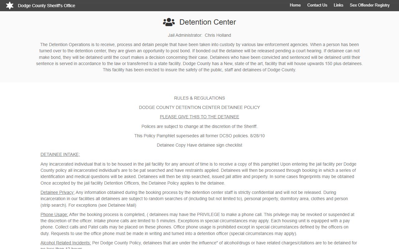 Dodge County inmate records detention rules source
