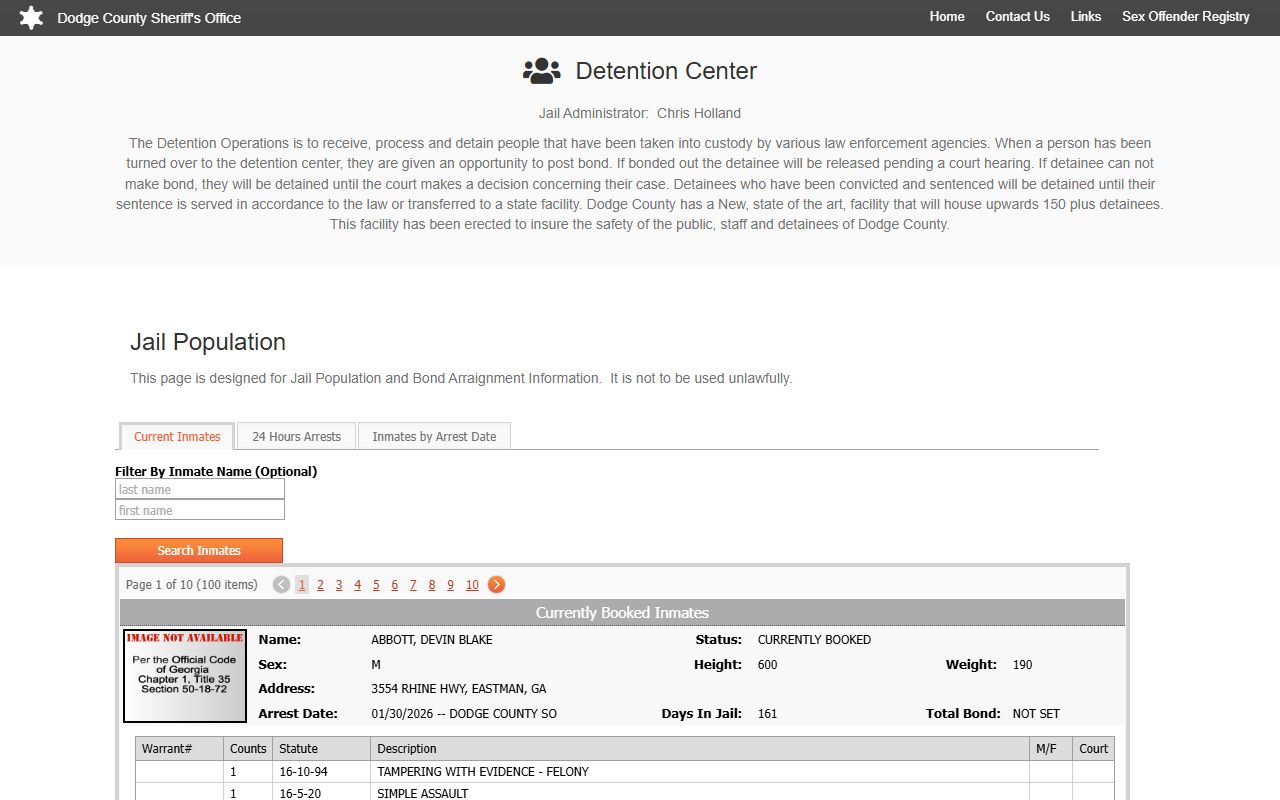 Dodge County inmate search sheriff jail population page